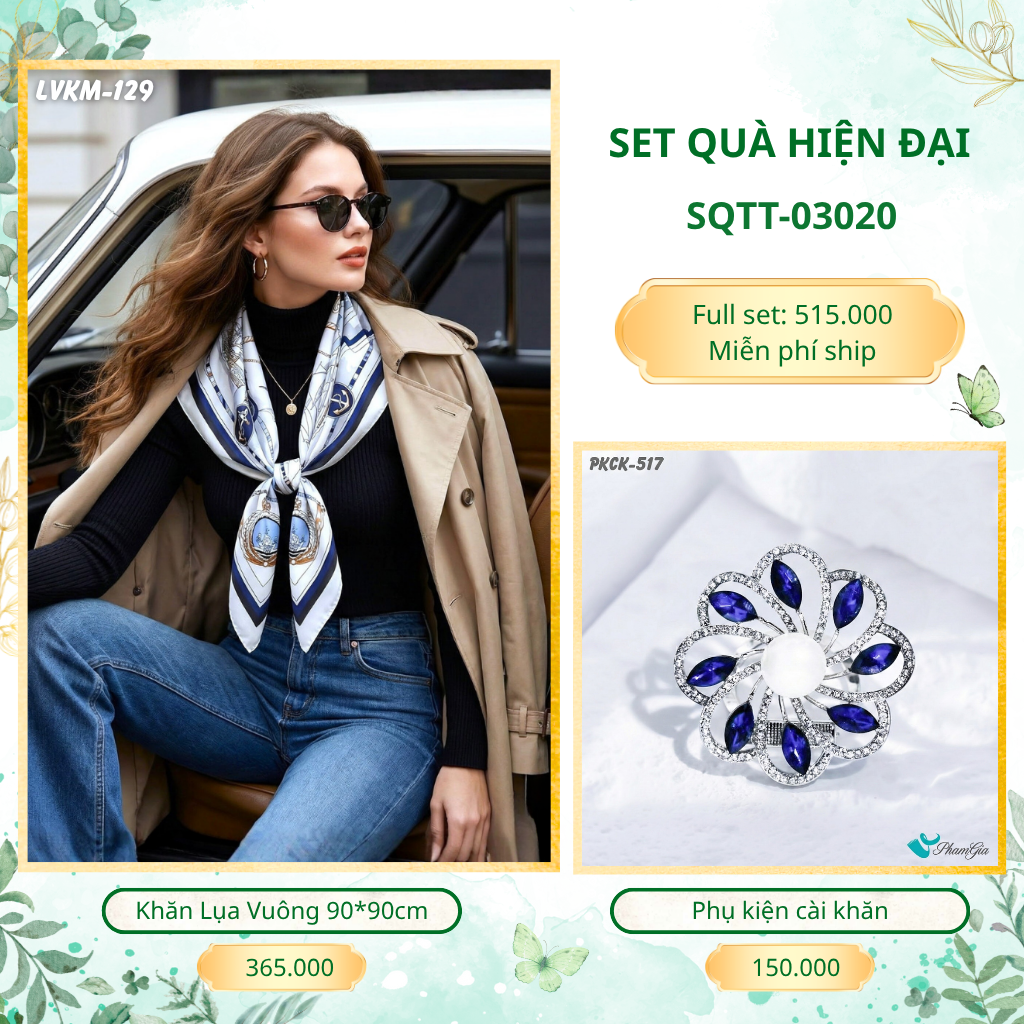 Set Quà Tặng Khăn Lụa Vuông 90*90cm Và Phụ Kiện Cài Khăn Hiện Đại (SQTT03020)
