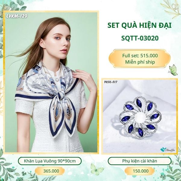 Set Quà Tặng Khăn Lụa Vuông 90*90cm Và Phụ Kiện Cài Khăn Hiện Đại (SQTT03020)
