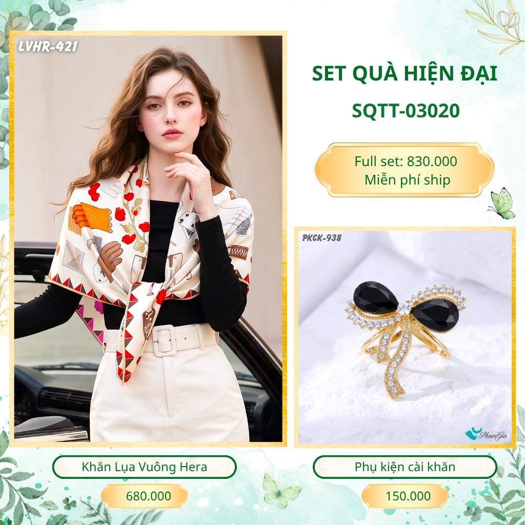 Set Quà Tặng Khăn Lụa Vuông 90*90cm Và Phụ Kiện Cài Khăn Hiện Đại (SQTT03020)