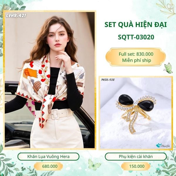 Set Quà Tặng Khăn Lụa Vuông 90*90cm Và Phụ Kiện Cài Khăn Hiện Đại (SQTT03020)