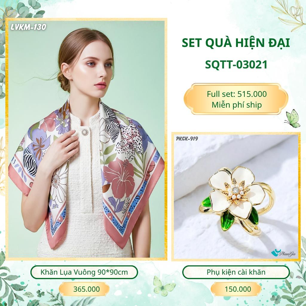 Set Quà Tặng Khăn Lụa Vuông 90*90cm Và Phụ Kiện Cài Khăn Hiện Đại (SQTT03021)