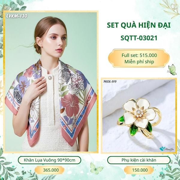 Set Quà Tặng Khăn Lụa Vuông 90*90cm Và Phụ Kiện Cài Khăn Hiện Đại (SQTT03021)