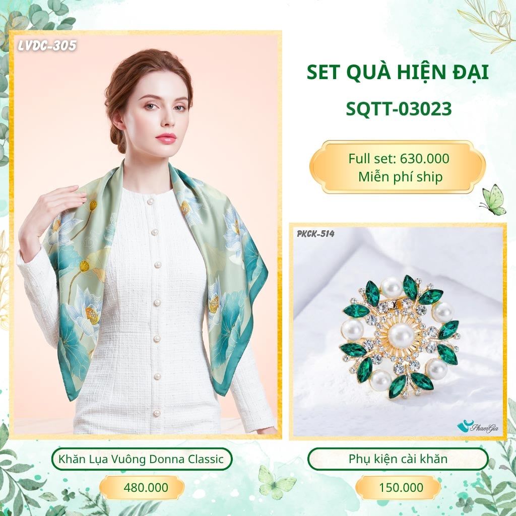 Set Quà Tặng Khăn Lụa Vuông 90*90cm Và Phụ Kiện Cài Khăn Hiện Đại (SQTT03023)