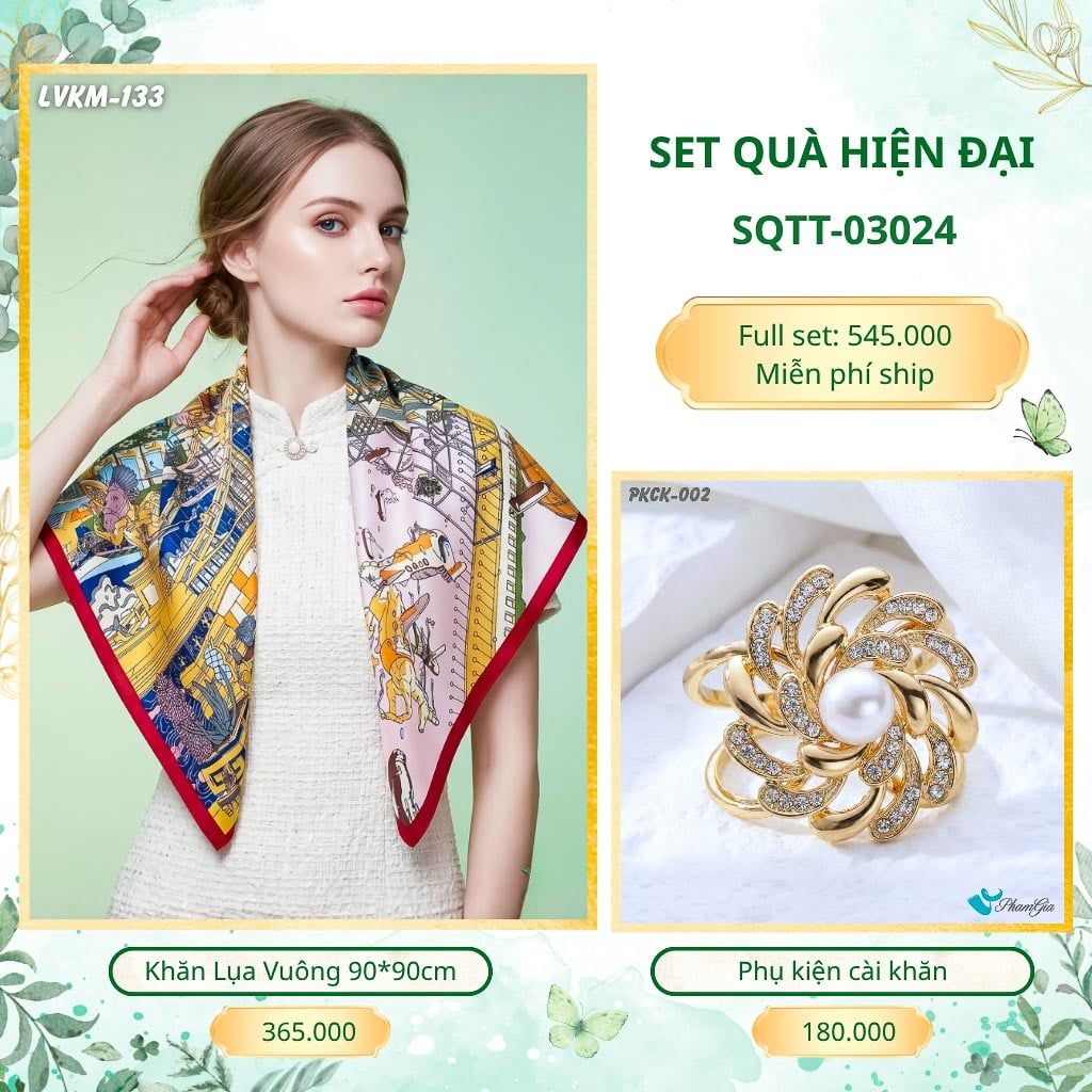 Set Quà Tặng Khăn Lụa Vuông 90*90cm Và Phụ Kiện Cài Khăn Hiện Đại (SQTT03024)