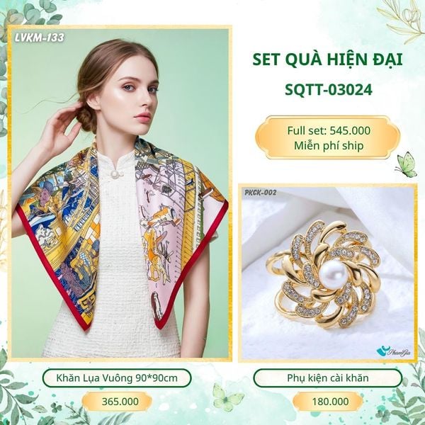 Set Quà Tặng Khăn Lụa Vuông 90*90cm Và Phụ Kiện Cài Khăn Hiện Đại (SQTT03024)