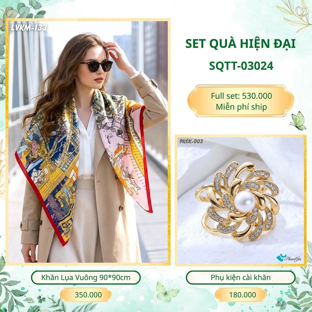 Set Quà Tặng Khăn Lụa Vuông 90*90cm Và Phụ Kiện Cài Khăn Hiện Đại (SQTT03024)