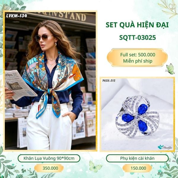 Set Quà Tặng Khăn Lụa Vuông 90*90cm Và Phụ Kiện Cài Khăn Hiện Đại (SQTT03025)