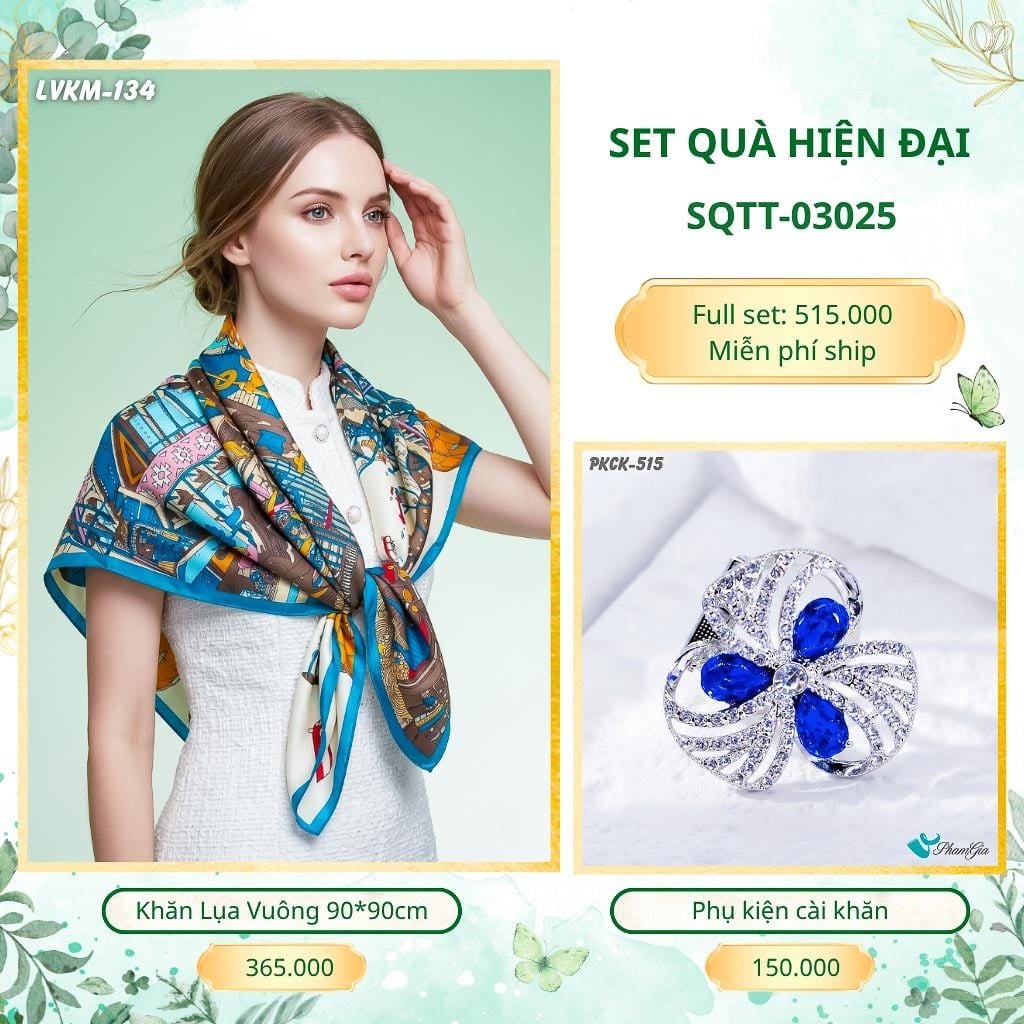 Set Quà Tặng Khăn Lụa Vuông 90*90cm Và Phụ Kiện Cài Khăn Hiện Đại (SQTT03025)