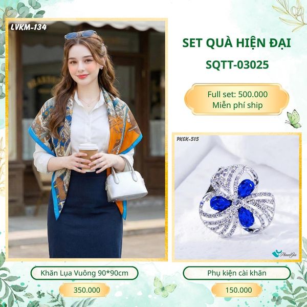 Set Quà Tặng Khăn Lụa Vuông 90*90cm Và Phụ Kiện Cài Khăn Hiện Đại (SQTT03025)