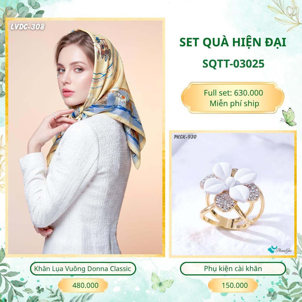 Set Quà Tặng Khăn Lụa Vuông 90*90cm Và Phụ Kiện Cài Khăn Hiện Đại (SQTT03025)