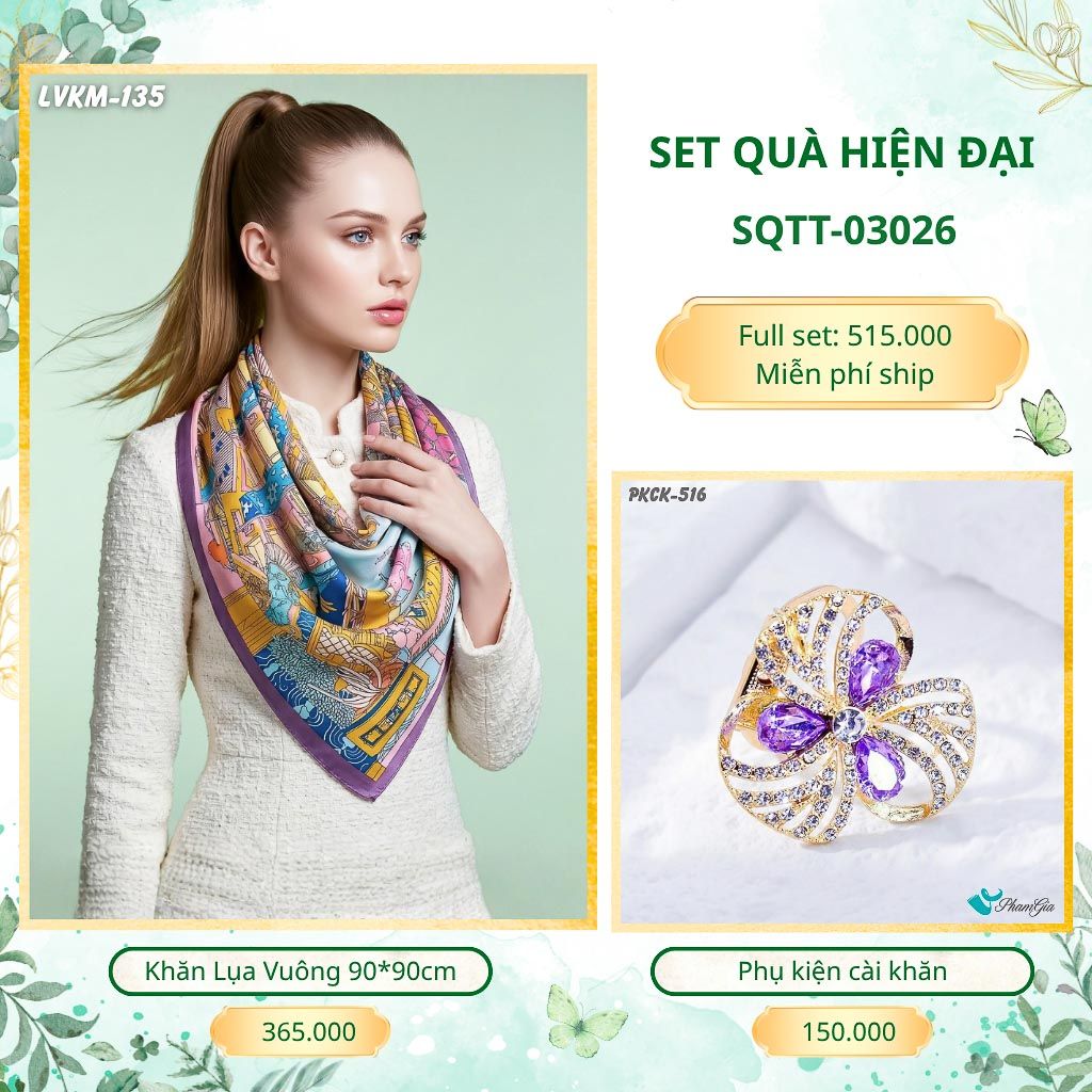 Set Quà Tặng Khăn Lụa Vuông 90*90cm Và Phụ Kiện Cài Khăn Hiện Đại (SQTT03026)