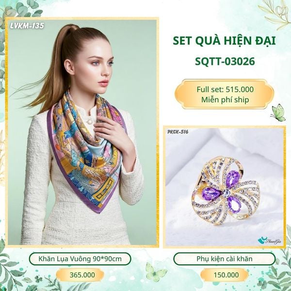 Set Quà Tặng Khăn Lụa Vuông 90*90cm Và Phụ Kiện Cài Khăn Hiện Đại (SQTT03026)