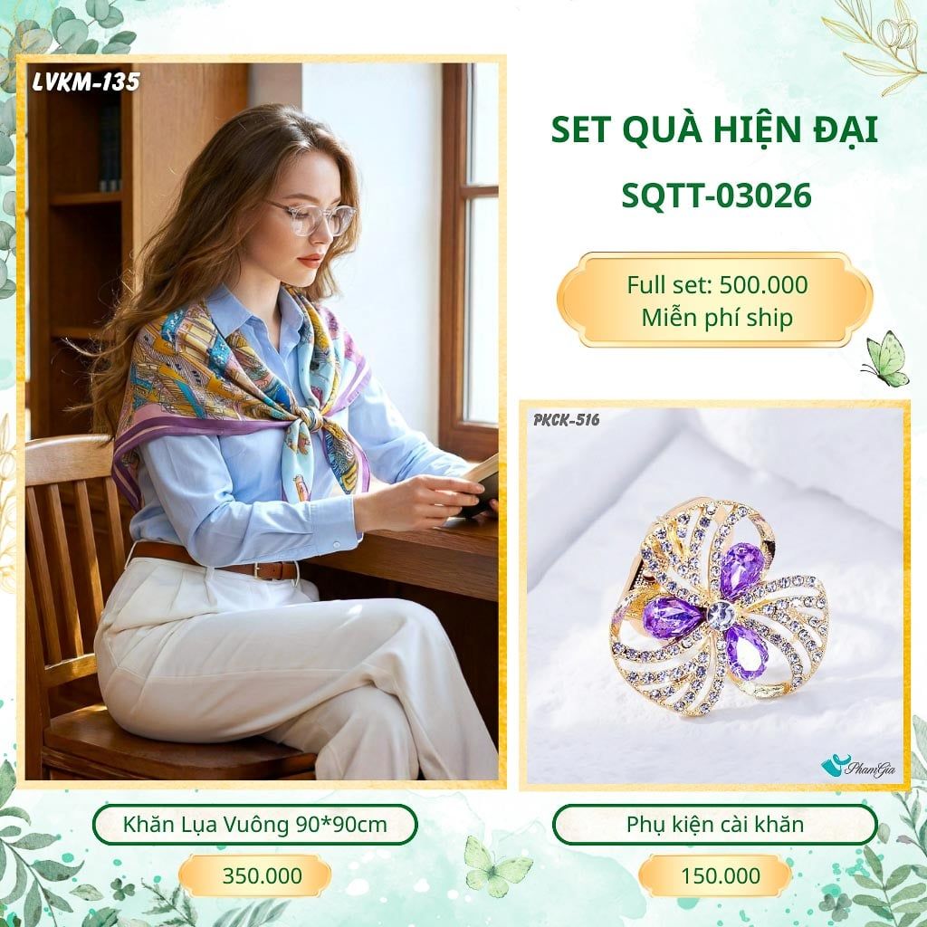 Set Quà Tặng Khăn Lụa Vuông 90*90cm Và Phụ Kiện Cài Khăn Hiện Đại (SQTT03026)