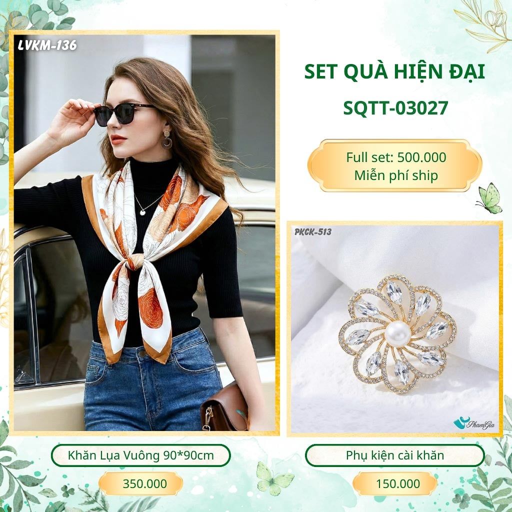 Set Quà Tặng Khăn Lụa Vuông 90*90cm Và Phụ Kiện Cài Khăn Hiện Đại (SQTT03027)