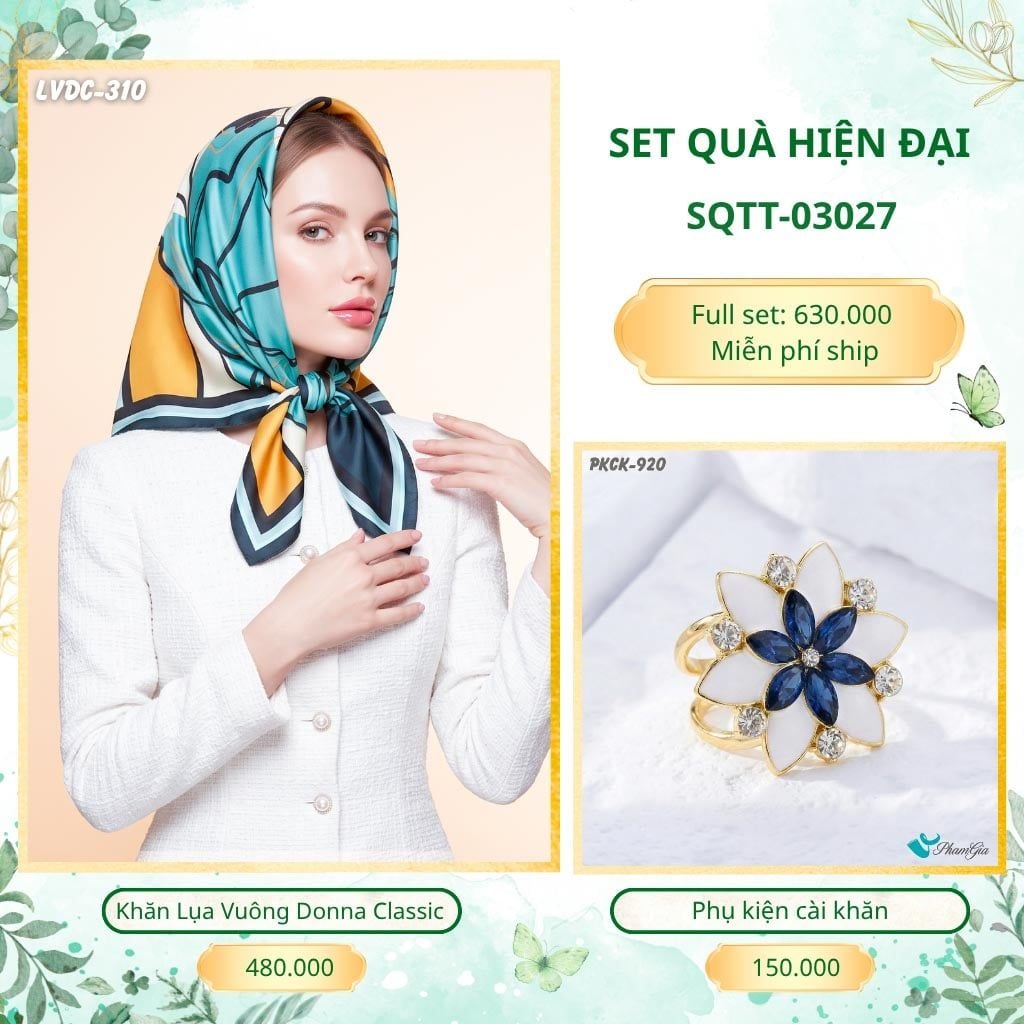 Set Quà Tặng Khăn Lụa Vuông 90*90cm Và Phụ Kiện Cài Khăn Hiện Đại (SQTT03027)