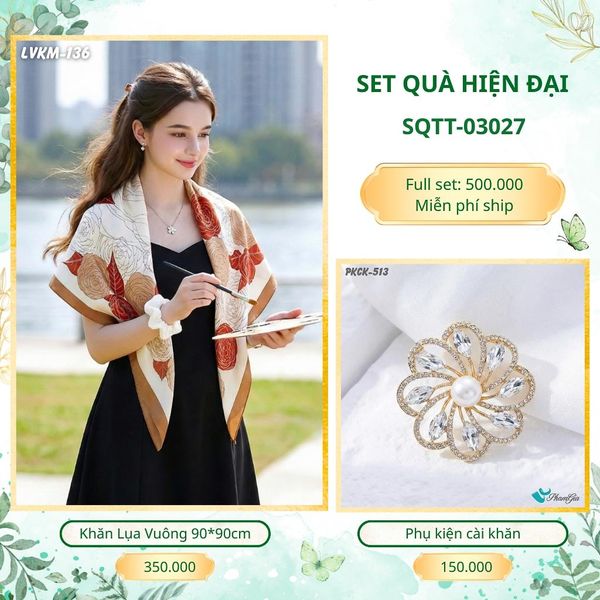 Set Quà Tặng Khăn Lụa Vuông 90*90cm Và Phụ Kiện Cài Khăn Hiện Đại (SQTT03027)