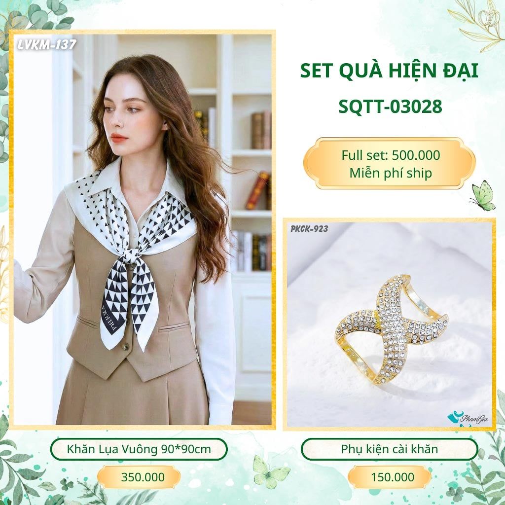 Set Quà Tặng Khăn Lụa Vuông 90*90cm Và Phụ Kiện Cài Khăn Hiện Đại (SQTT03028)