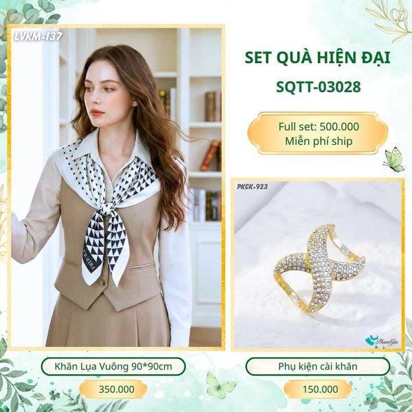 Set Quà Tặng Khăn Lụa Vuông 90*90cm Và Phụ Kiện Cài Khăn Hiện Đại (SQTT03028)