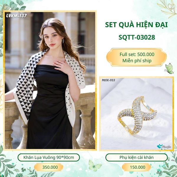 Set Quà Tặng Khăn Lụa Vuông 90*90cm Và Phụ Kiện Cài Khăn Hiện Đại (SQTT03028)