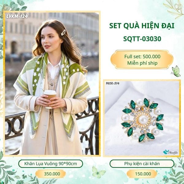 Set Quà Tặng Khăn Lụa Vuông 90*90cm Và Phụ Kiện Cài Khăn Hiện Đại (SQTT03030)