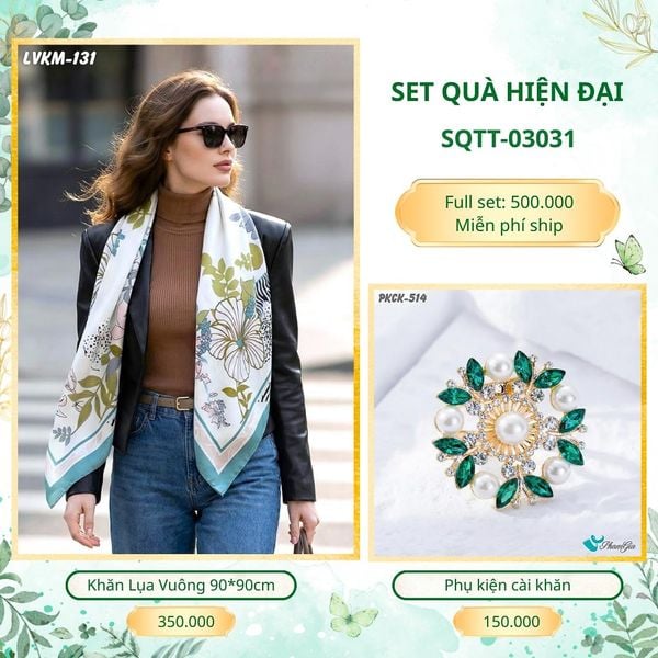 Set Quà Tặng Khăn Lụa Vuông 90*90cm Và Phụ Kiện Cài Khăn Hiện Đại (SQTT03031)