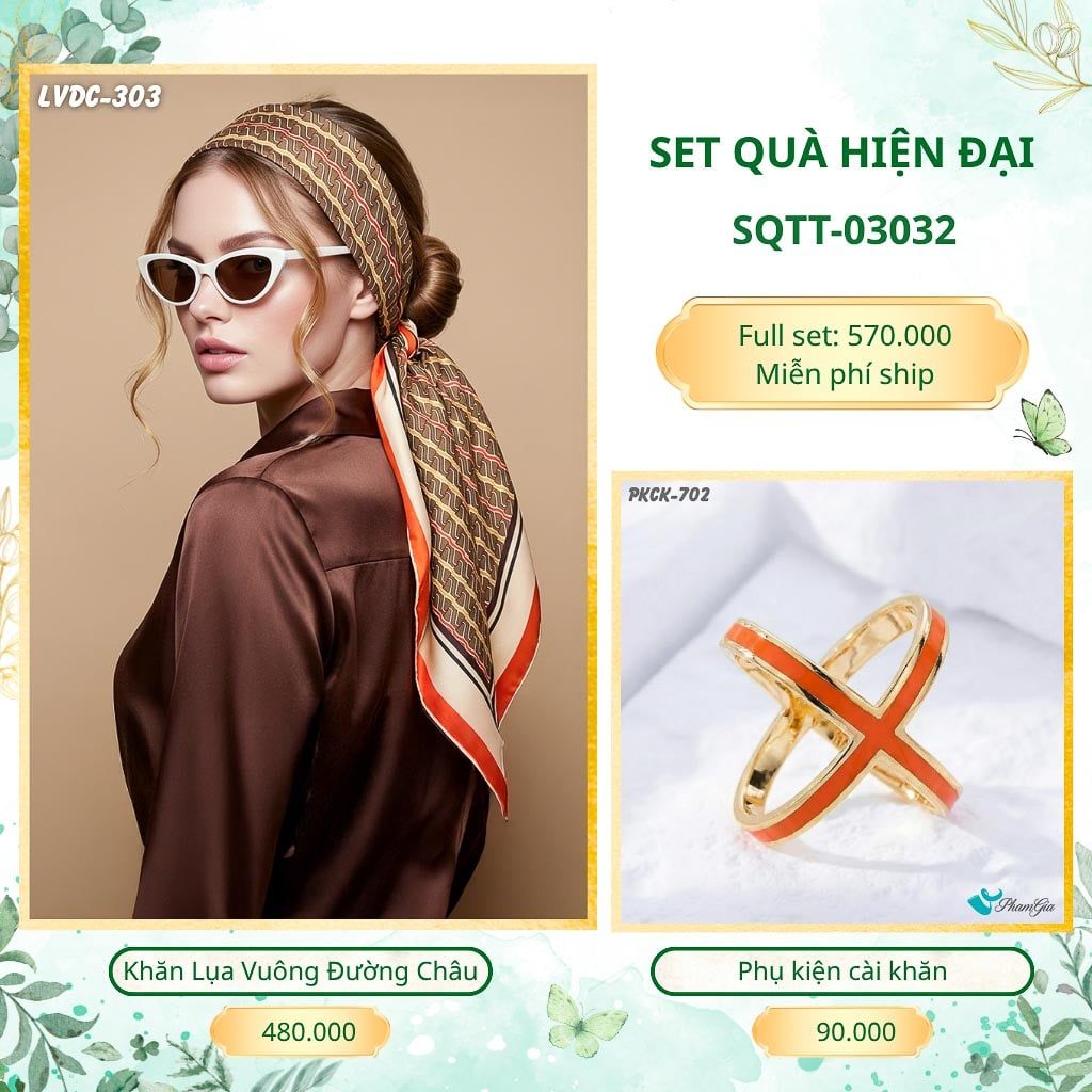 Set Quà Tặng Khăn Lụa Vuông 2 Mặt 88*88cm Và Phụ Kiện Cài Khăn Hiện Đại (SQTT03032)