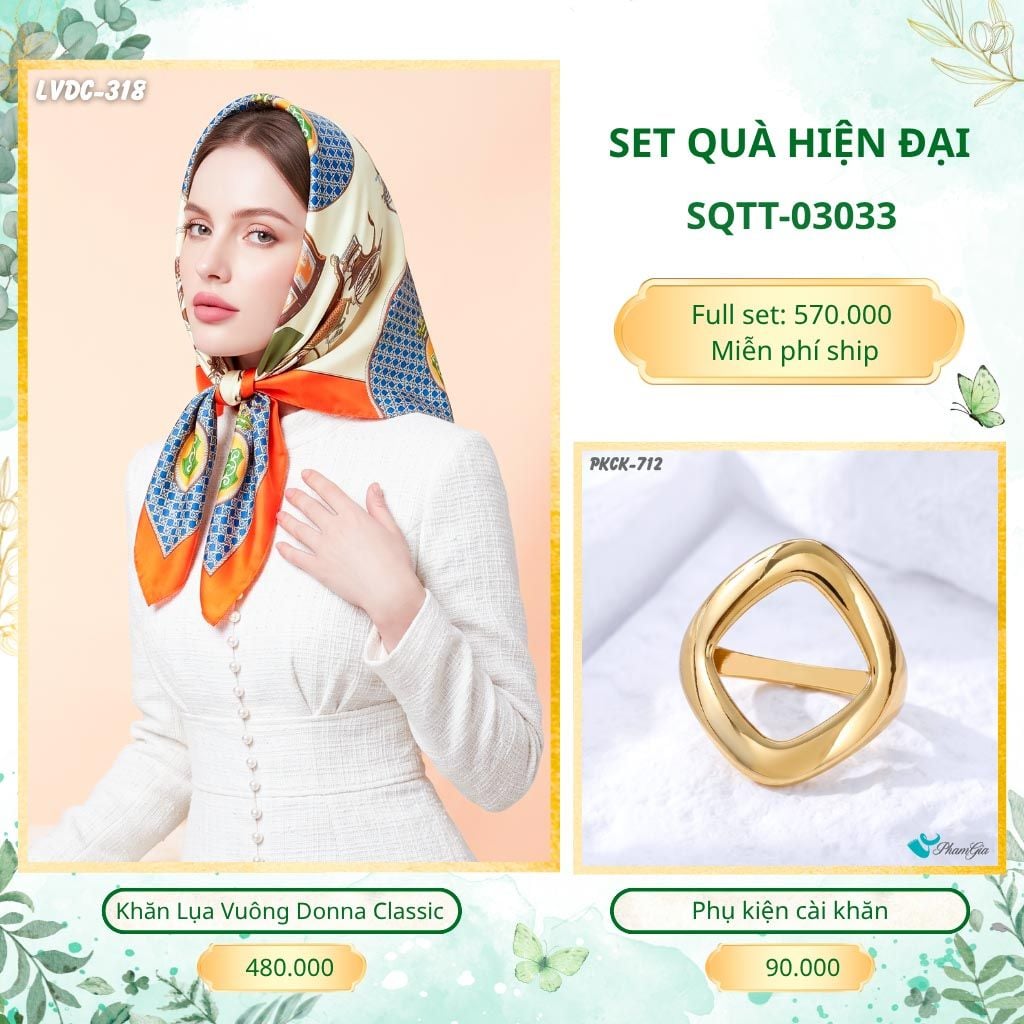 Set Quà Tặng Khăn Lụa Vuông 90*90cm Và Phụ Kiện Cài Khăn Hiện Đại (SQTT03033)