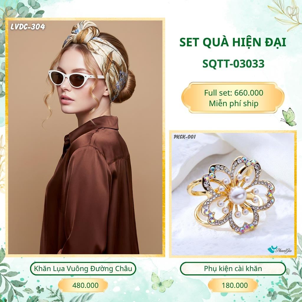 Set Quà Tặng Khăn Lụa Vuông 2 Mặt 88*88cm Và Phụ Kiện Cài Khăn Hiện Đại (SQTT03033)