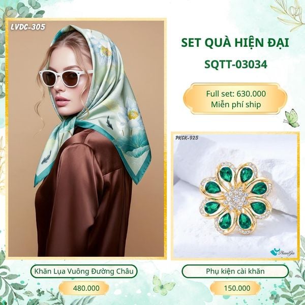 Set Quà Tặng Khăn Lụa Vuông 2 Mặt 88*88cm Và Phụ Kiện Cài Khăn Hiện Đại (SQTT03034)