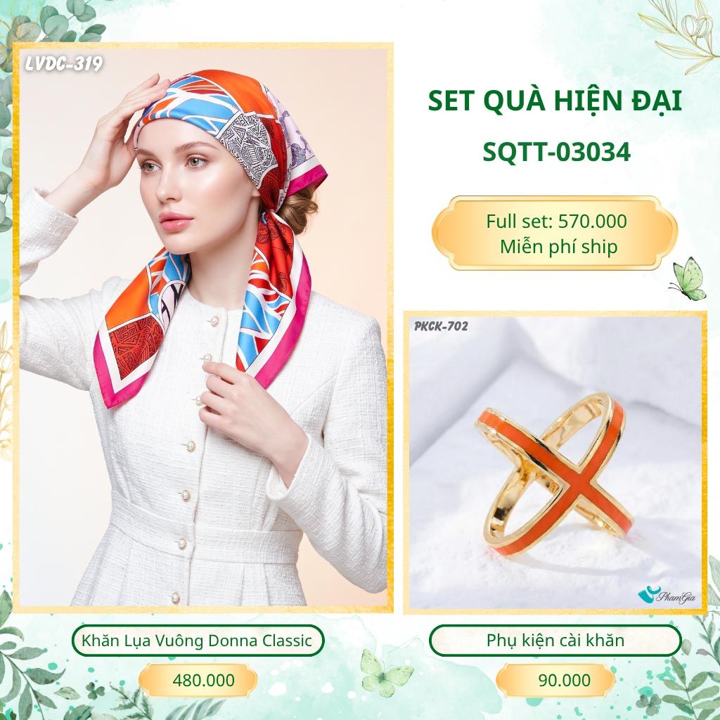 Set Quà Tặng Khăn Lụa Vuông 90*90cm Và Phụ Kiện Cài Khăn Hiện Đại (SQTT03034)