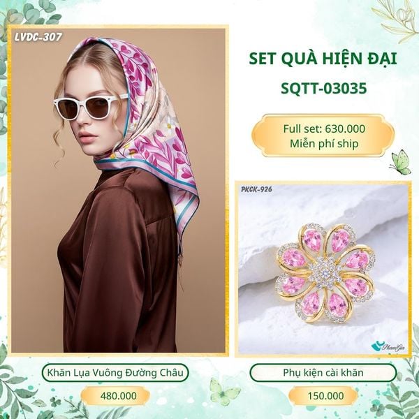 Set Quà Tặng Khăn Lụa Vuông 2 Mặt 88*88cm Và Phụ Kiện Cài Khăn Hiện Đại (SQTT03035)