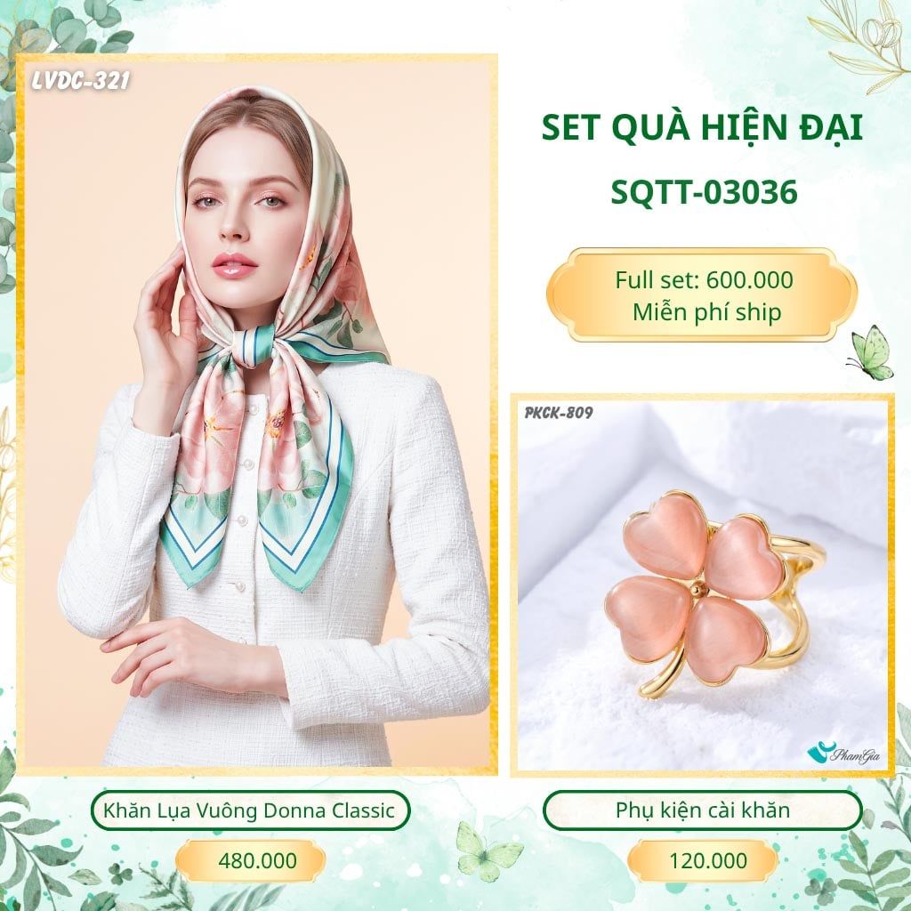Set Quà Tặng Khăn Lụa Vuông 90*90cm Và Phụ Kiện Cài Khăn Hiện Đại (SQTT03036)