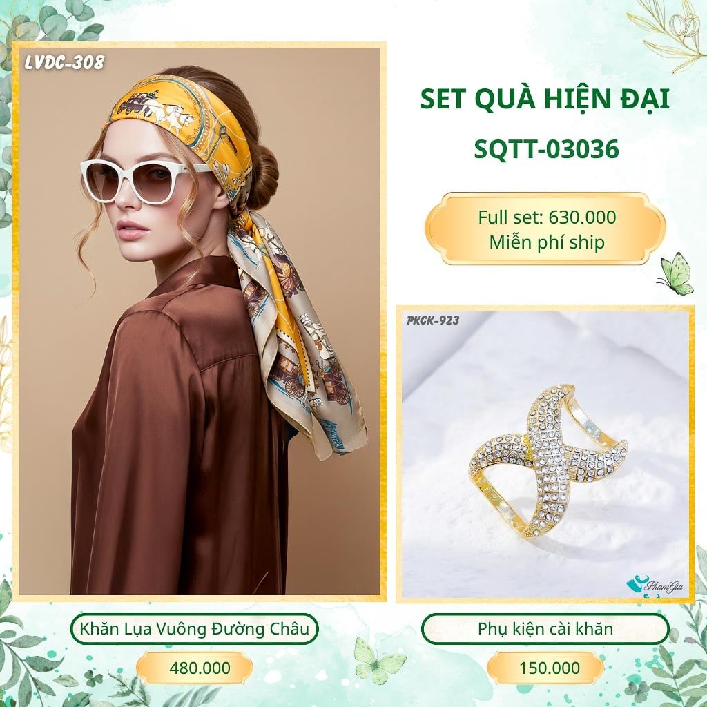 Set Quà Tặng Khăn Lụa Vuông 2 Mặt 88*88cm Và Phụ Kiện Cài Khăn Hiện Đại (SQTT03036)