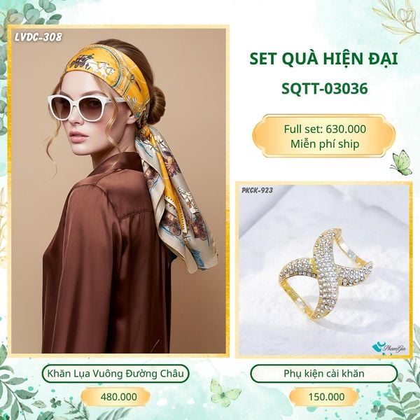 Set Quà Tặng Khăn Lụa Vuông 2 Mặt 88*88cm Và Phụ Kiện Cài Khăn Hiện Đại (SQTT03036)