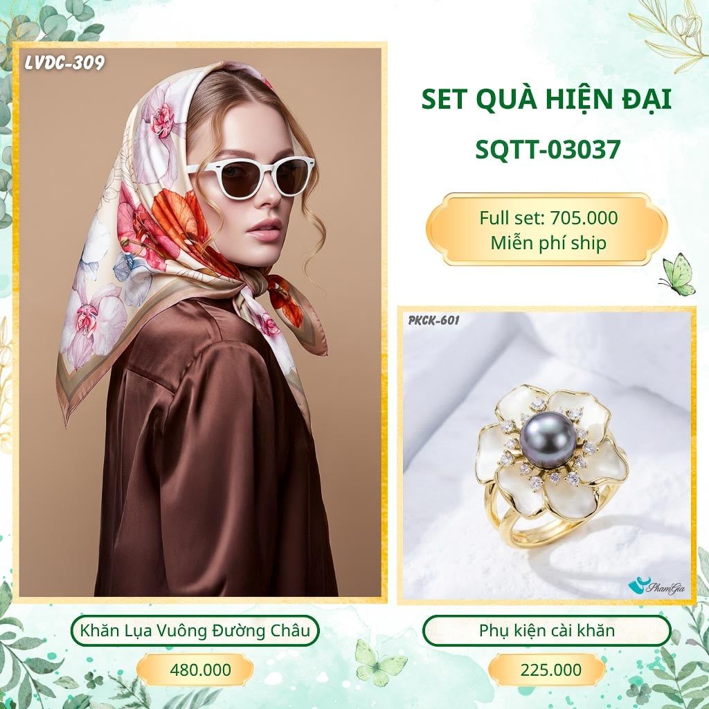 Set Quà Tặng Khăn Lụa Vuông 2 Mặt 88*88cm Và Phụ Kiện Cài Khăn Hiện Đại (SQTT03037)