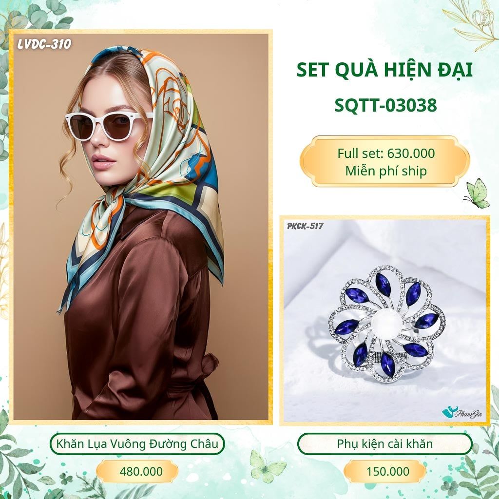 Set Quà Tặng Khăn Lụa Vuông 2 Mặt 88*88cm Và Phụ Kiện Cài Khăn Hiện Đại (SQTT03038)