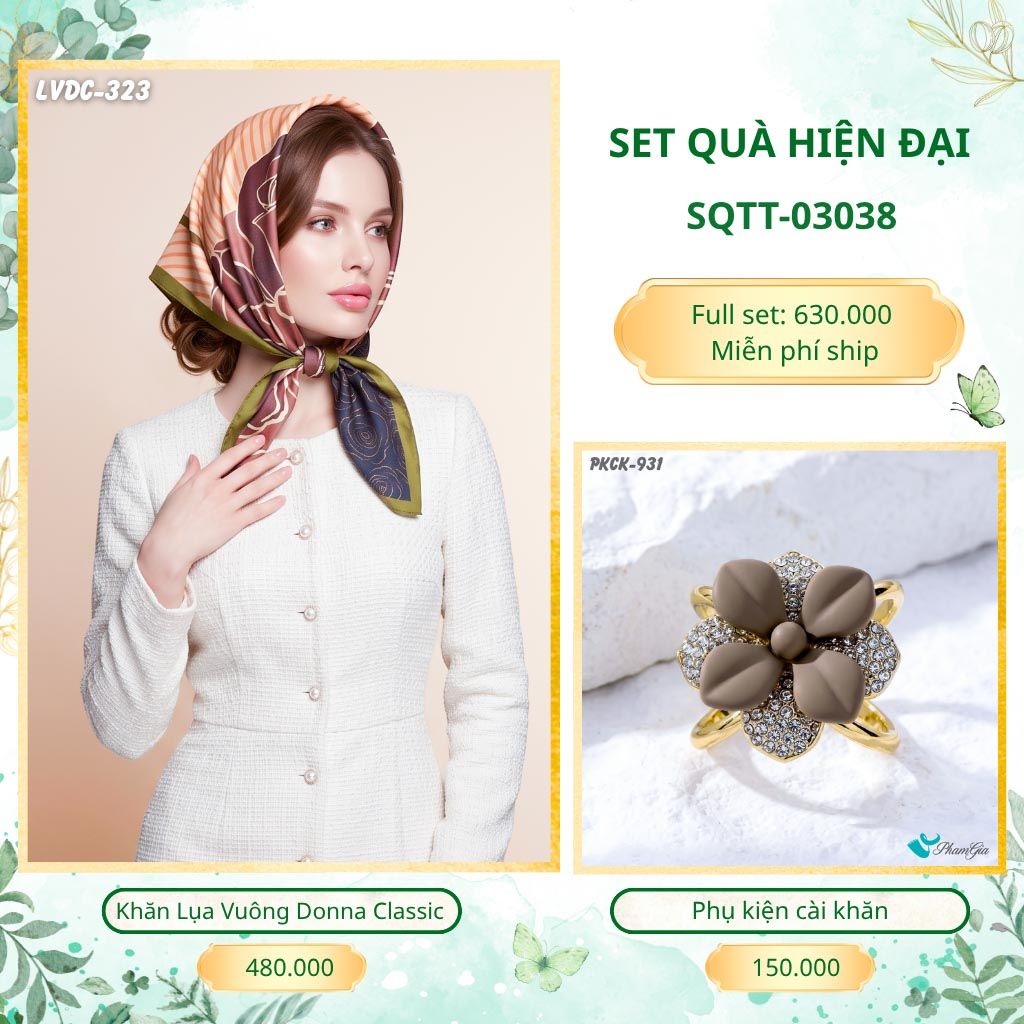 Set Quà Tặng Khăn Lụa Vuông 90*90cm Và Phụ Kiện Cài Khăn Hiện Đại (SQTT03038)