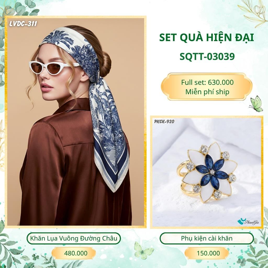 Set Quà Tặng Khăn Lụa Vuông 2 Mặt 88*88cm Và Phụ Kiện Cài Khăn Hiện Đại (SQTT03039)