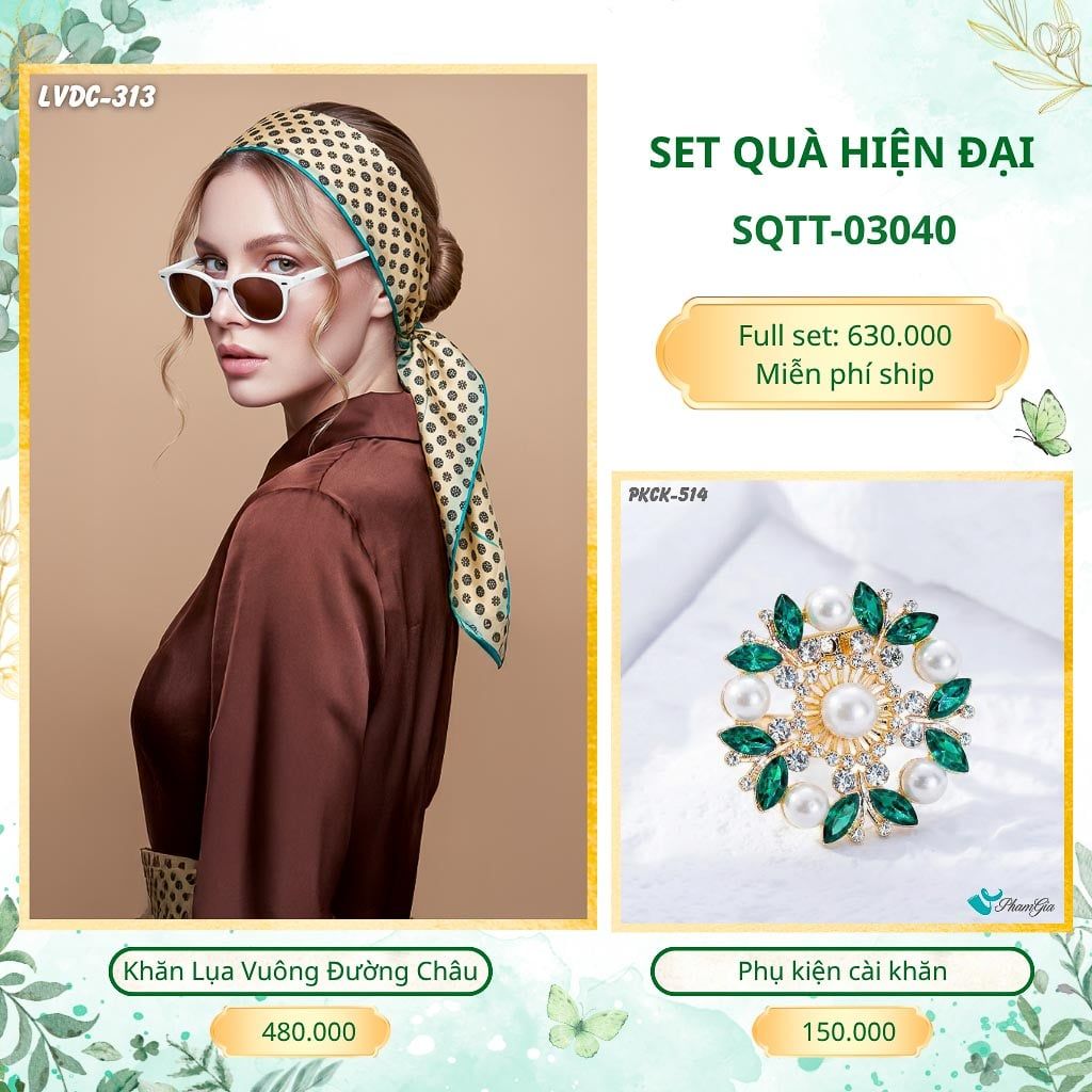 Set Quà Tặng Khăn Lụa Vuông 2 Mặt 88*88cm Và Phụ Kiện Cài Khăn Hiện Đại (SQTT03040)