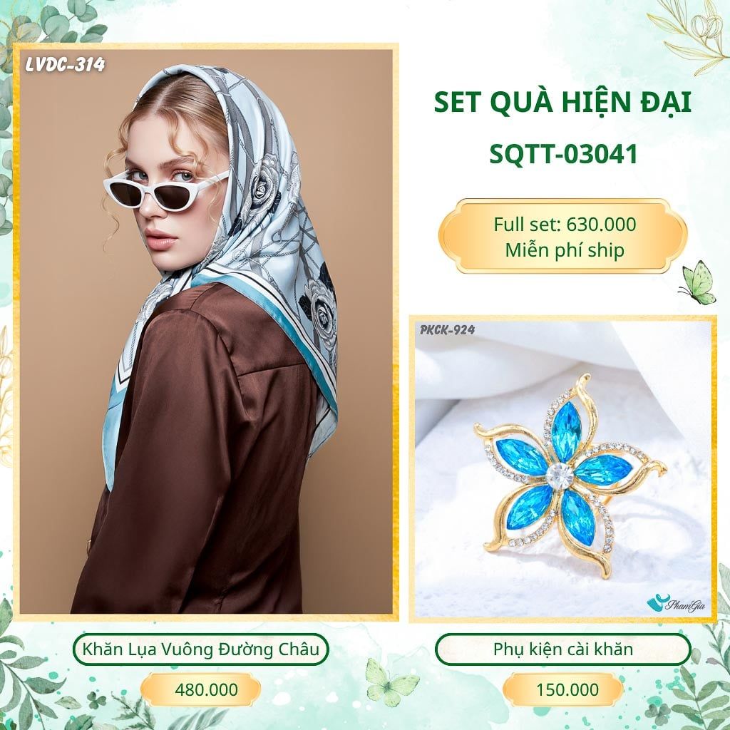 Set Quà Tặng Khăn Lụa Vuông 2 Mặt 88*88cm Và Phụ Kiện Cài Khăn Hiện Đại (SQTT03041)