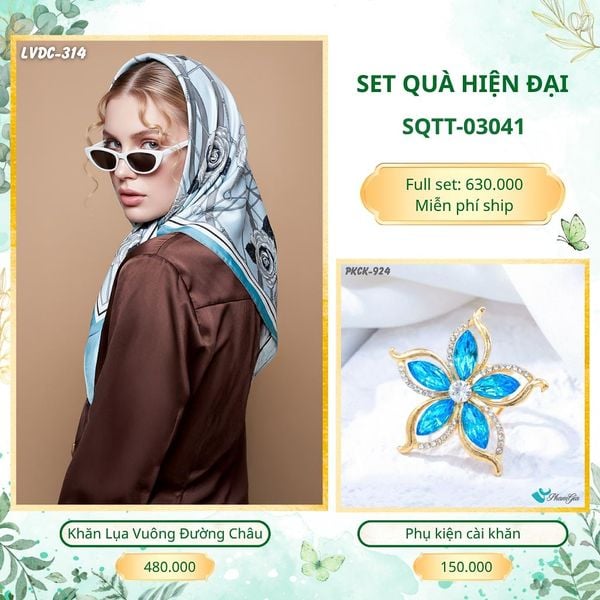 Set Quà Tặng Khăn Lụa Vuông 2 Mặt 88*88cm Và Phụ Kiện Cài Khăn Hiện Đại (SQTT03041)