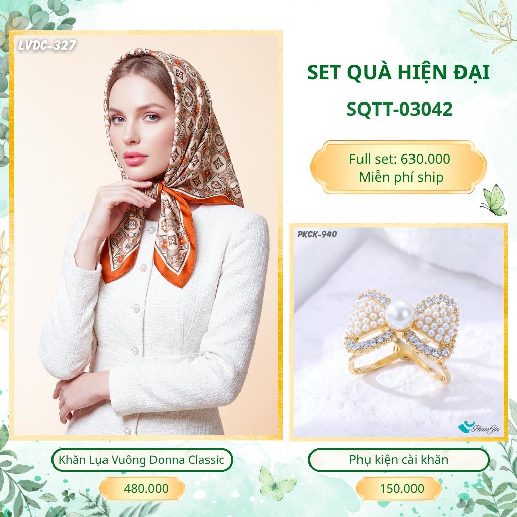 Set Quà Tặng Khăn Lụa Vuông 90*90cm Và Phụ Kiện Cài Khăn Hiện Đại (SQTT03042)