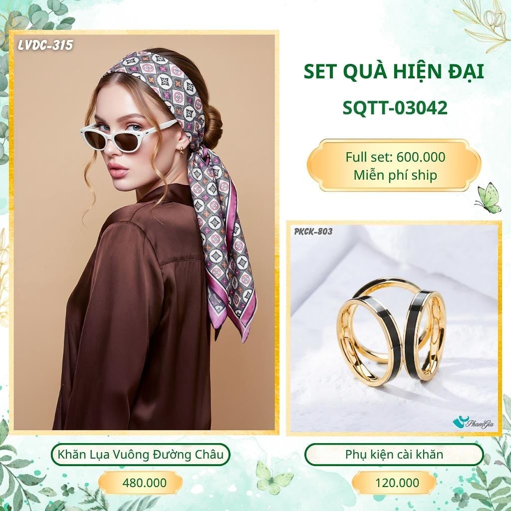 Set Quà Tặng Khăn Lụa Vuông 2 Mặt 88*88cm Và Phụ Kiện Cài Khăn Hiện Đại (SQTT03042)
