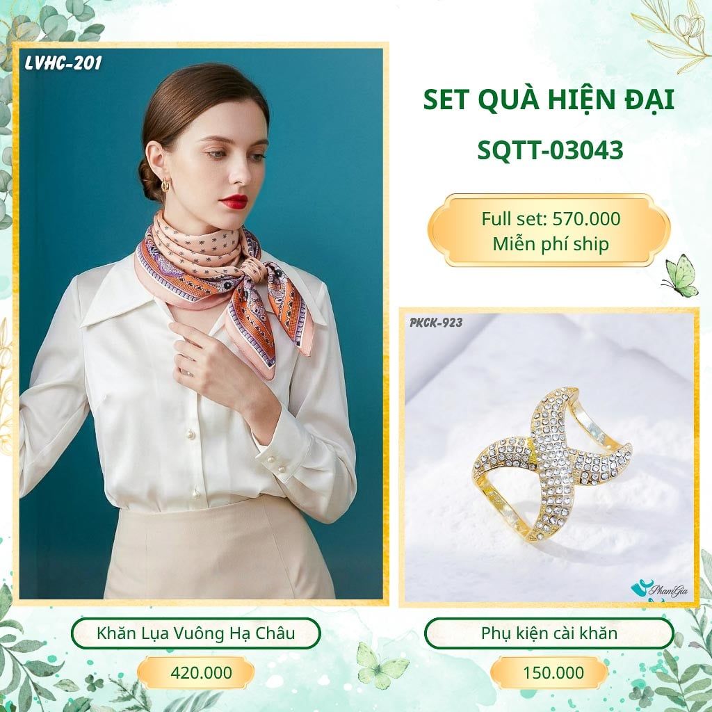 Set Quà Tặng Khăn Lụa Vuông 2 Mặt 88*88cm Và Phụ Kiện Cài Khăn Hiện Đại (SQTT03043)