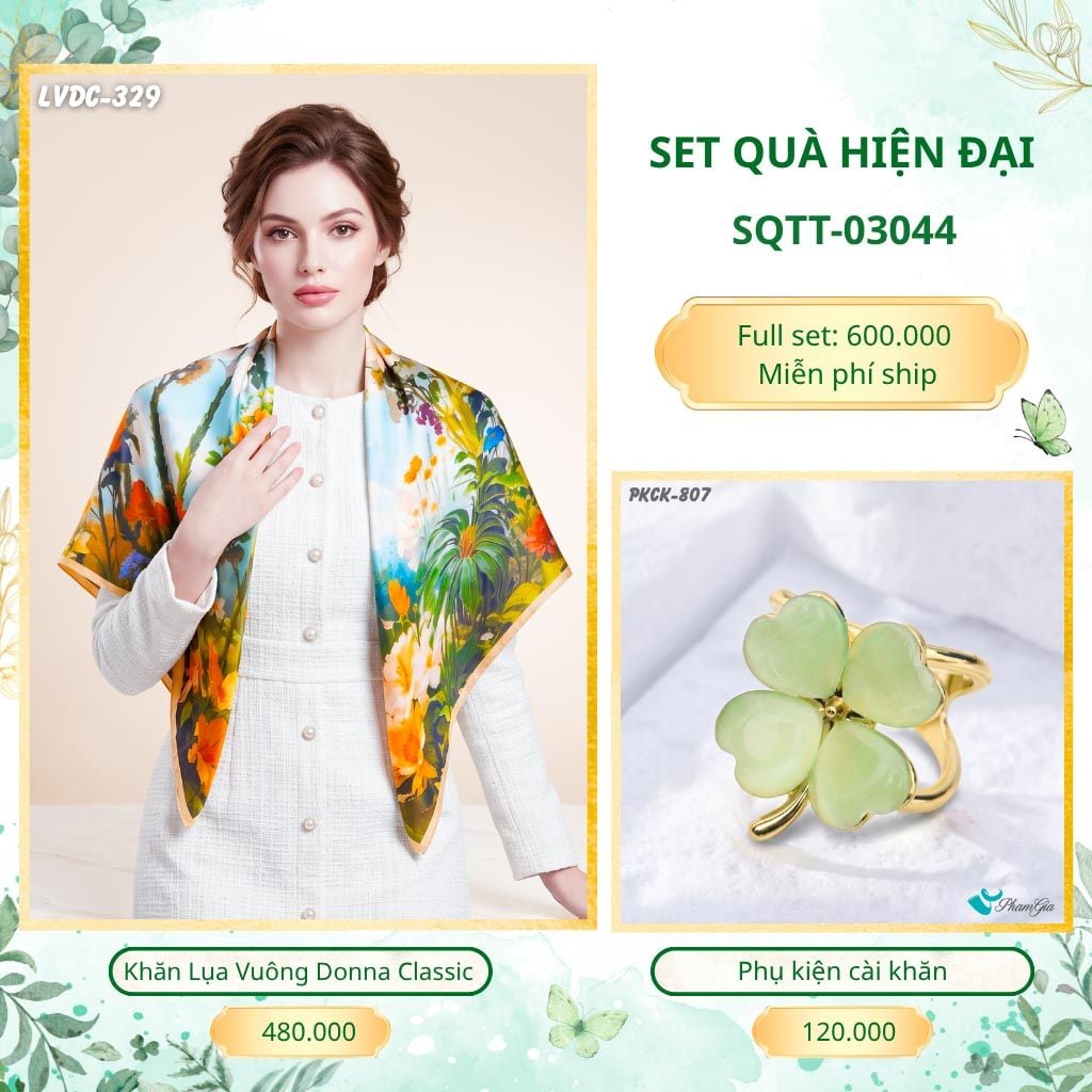 Set Quà Tặng Khăn Lụa Vuông 90*90cm Và Phụ Kiện Cài Khăn Hiện Đại (SQTT03044)