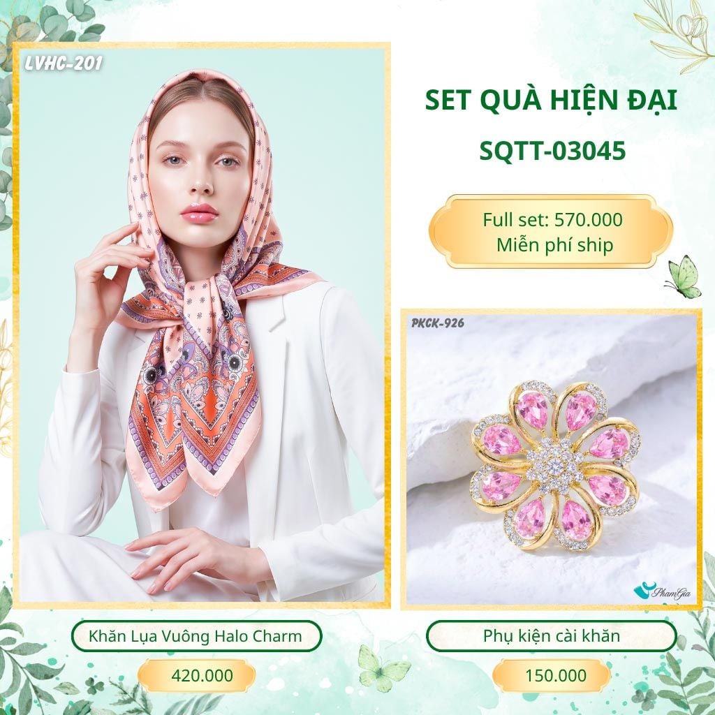 Set Quà Tặng Khăn Lụa Vuông 90*90cm Và Phụ Kiện Cài Khăn Hiện Đại (SQTT03045)