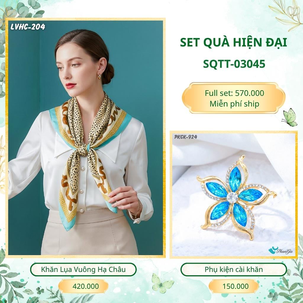 Set Quà Tặng Khăn Lụa Vuông 2 Mặt 88*88cm Và Phụ Kiện Cài Khăn Hiện Đại (SQTT03045)