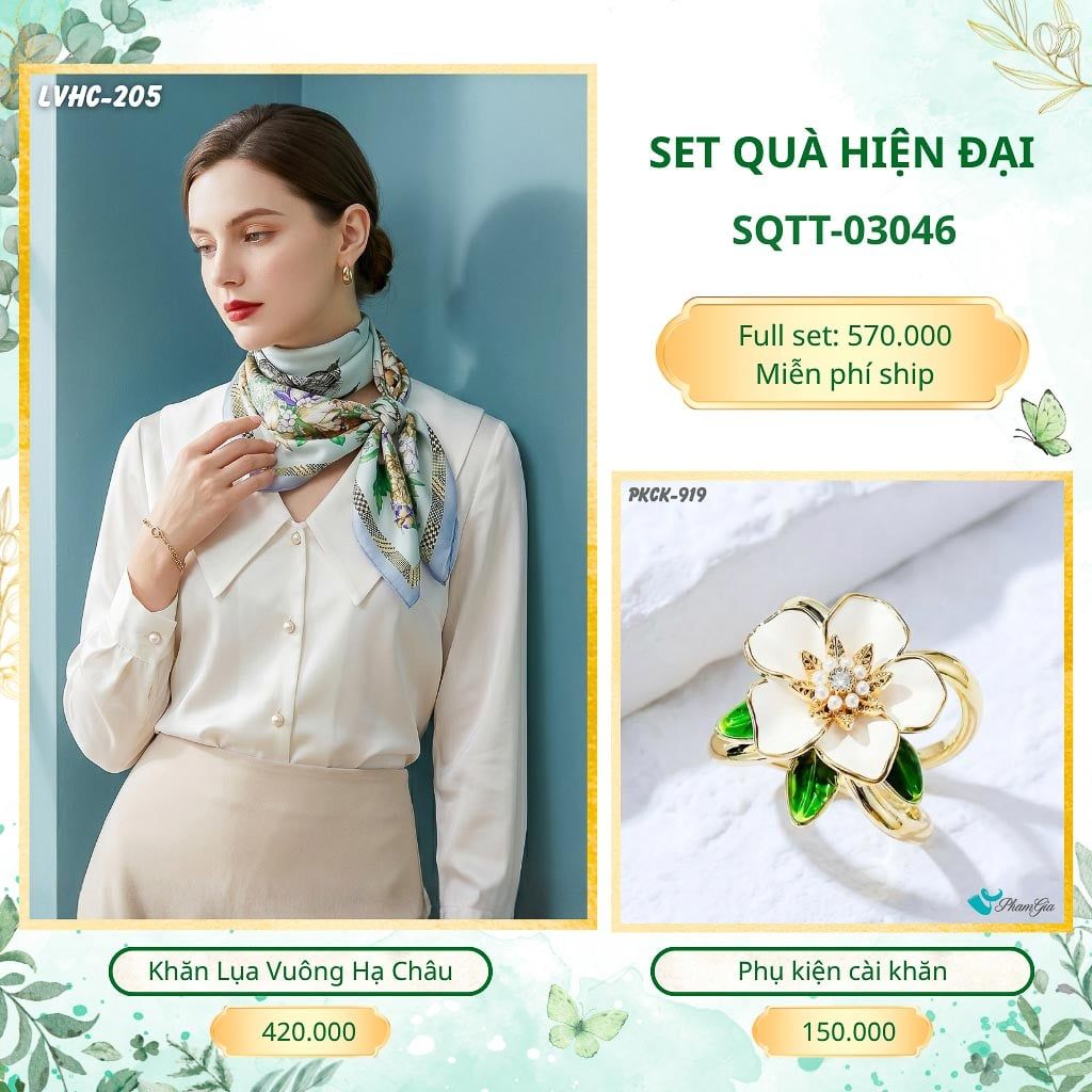 Set Quà Tặng Khăn Lụa Vuông 2 Mặt 88*88cm Và Phụ Kiện Cài Khăn Hiện Đại (SQTT03046)