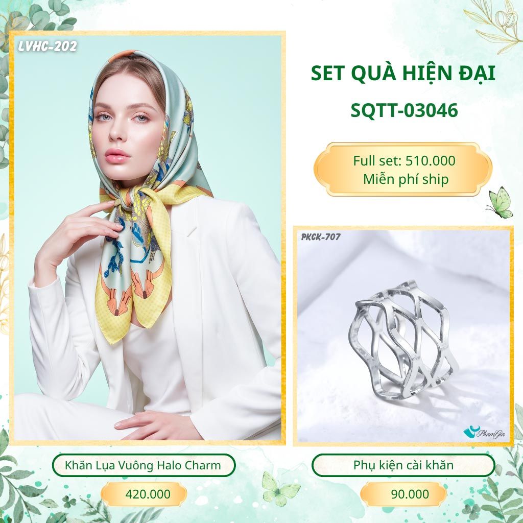 Set Quà Tặng Khăn Lụa Vuông 90*90cm Và Phụ Kiện Cài Khăn Hiện Đại (SQTT03046)