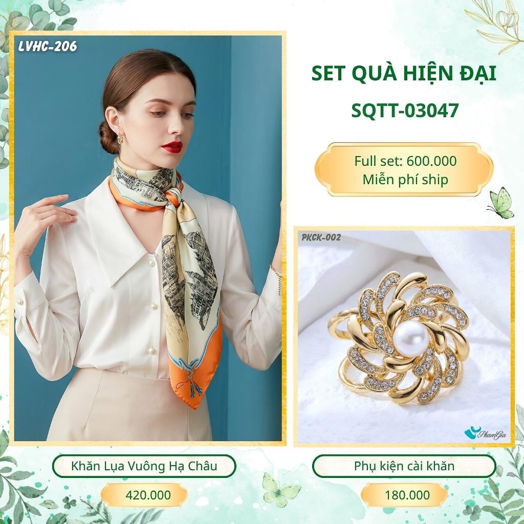 Set Quà Tặng Khăn Lụa Vuông 2 Mặt 88*88cm Và Phụ Kiện Cài Khăn Hiện Đại (SQTT03047)
